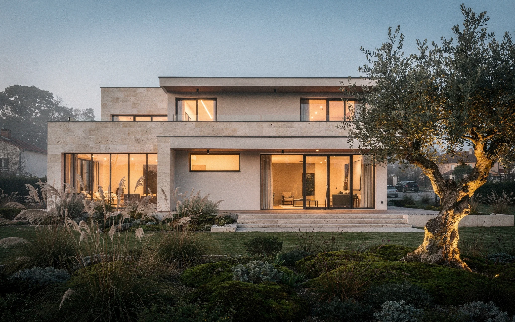 Villa contemporaine au crépuscule